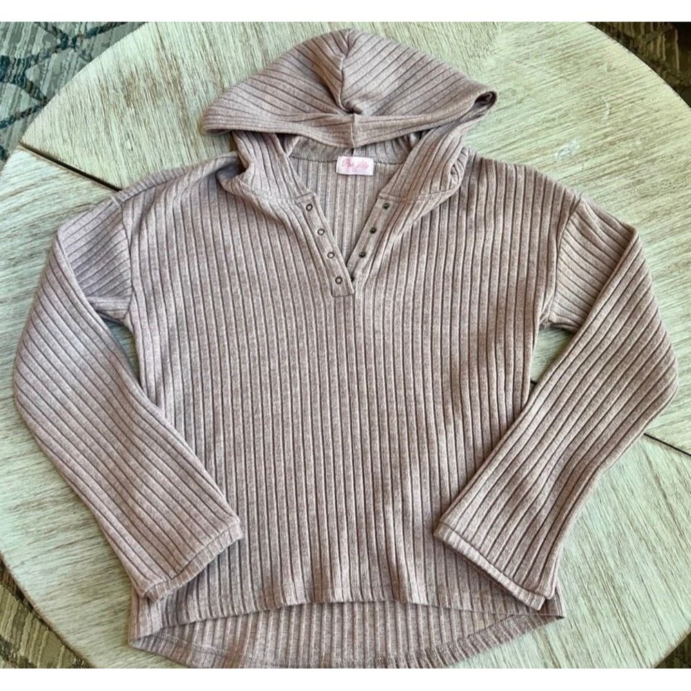 Pink Lily Hooded Ribbed Henley Pullover Sweater Size S